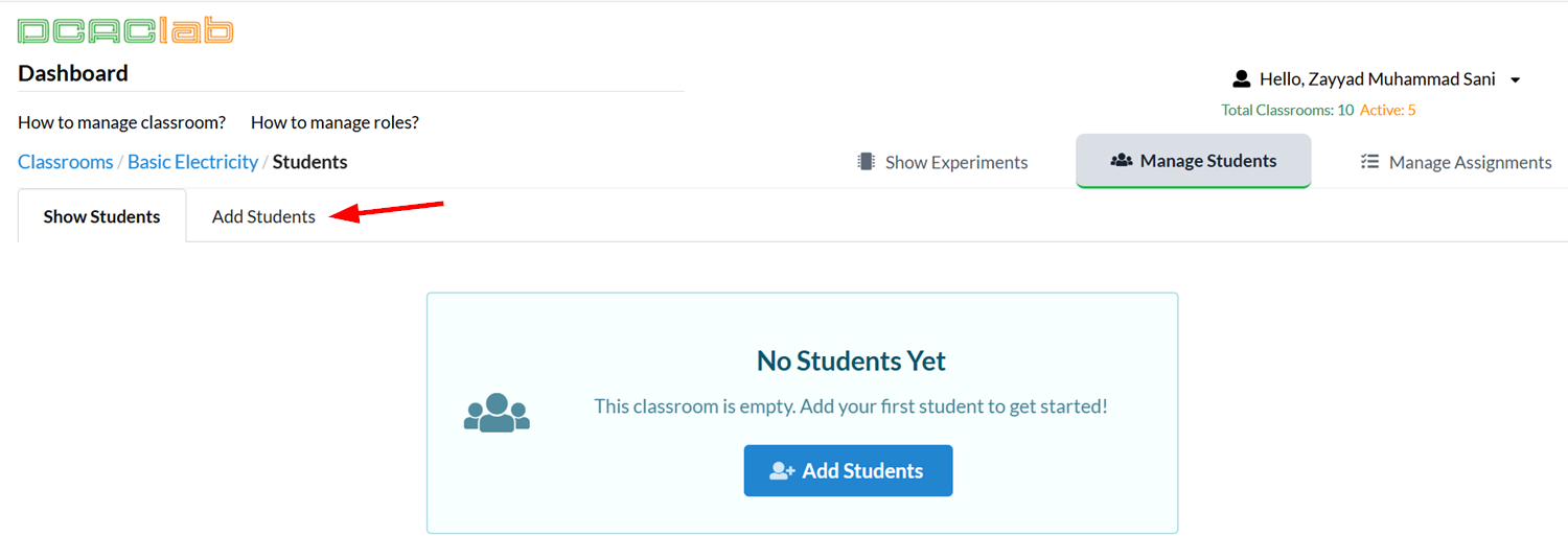 Add students button and tab