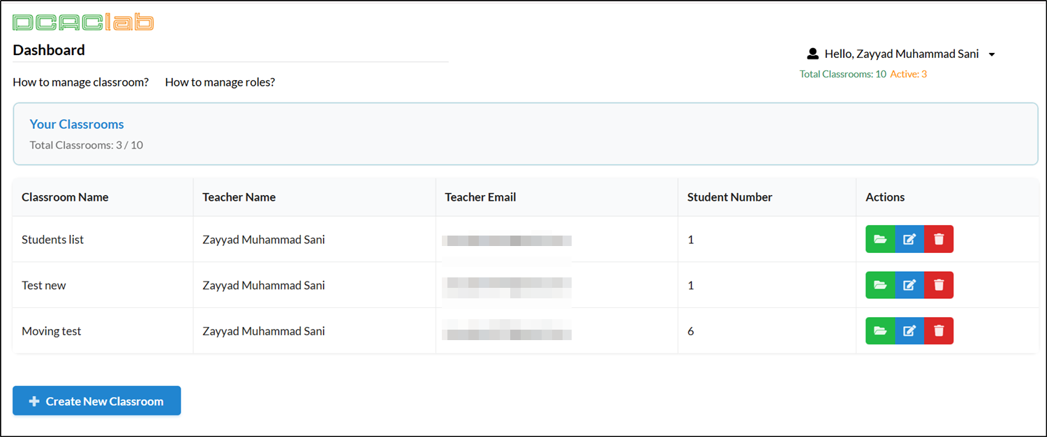 Classrooms dashboard