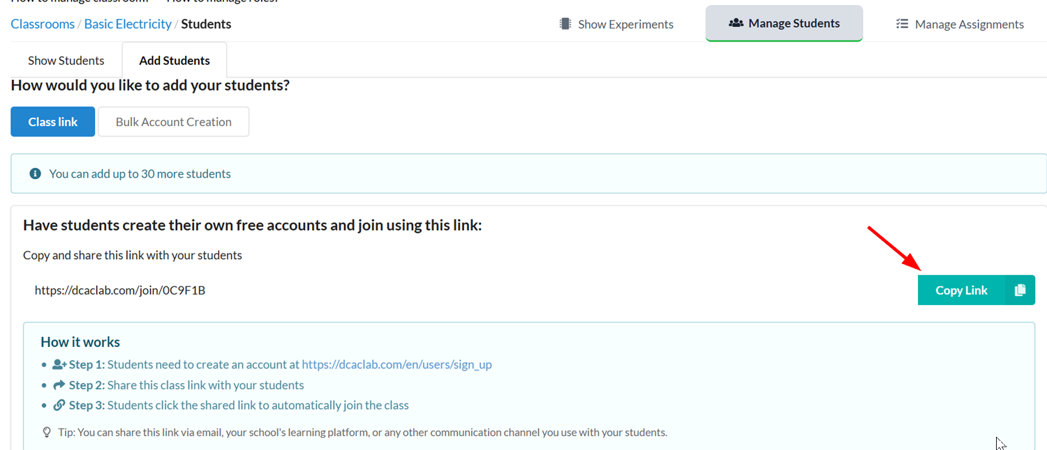 Copying the classroom's enrolment link