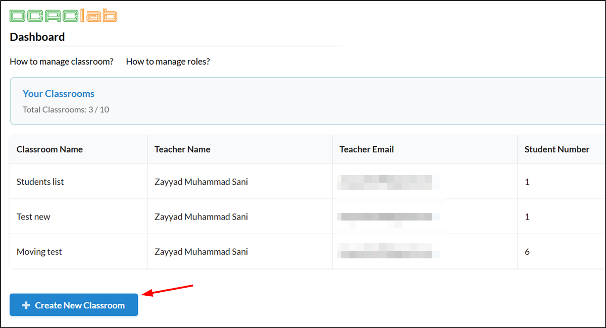Create new classroom button
