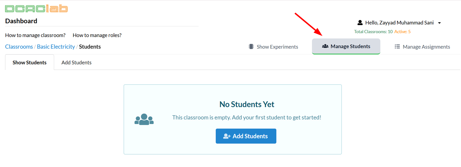 Manage students tab in the classroom view