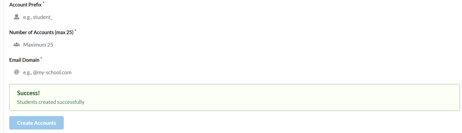 Successful student account creation message