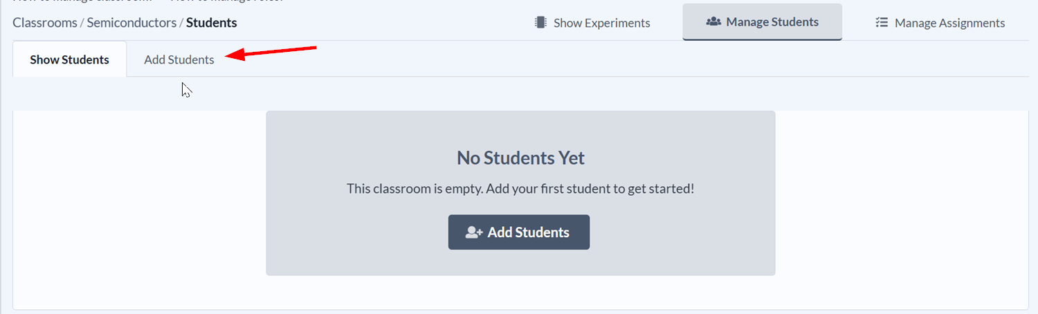 Add students button and tab