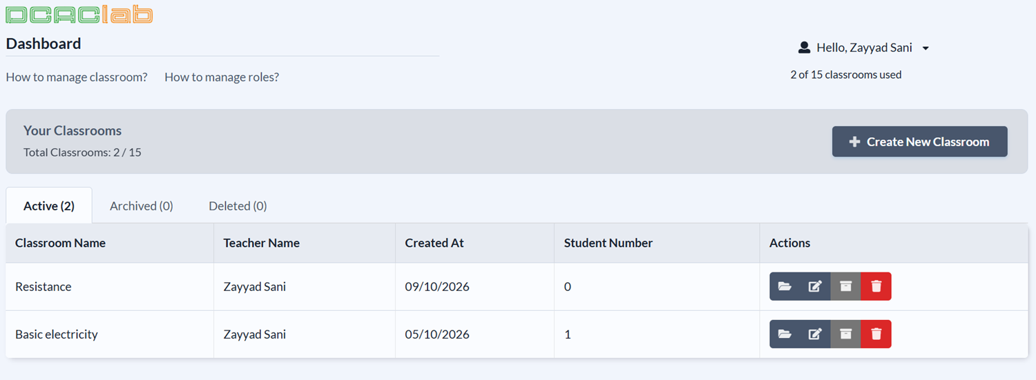 Classrooms dashboard