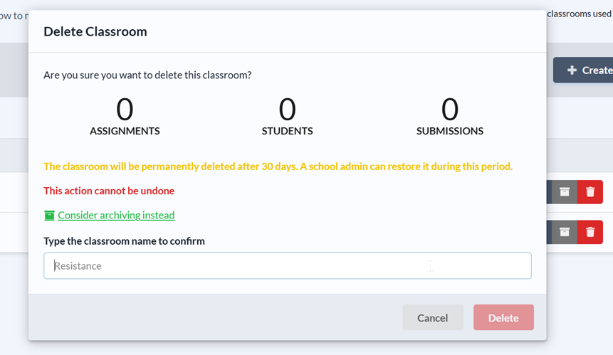 Delete classroom dialog
