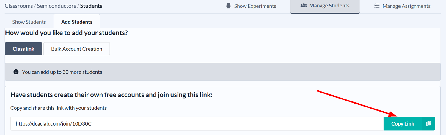 Copying the classroom's enrolment link