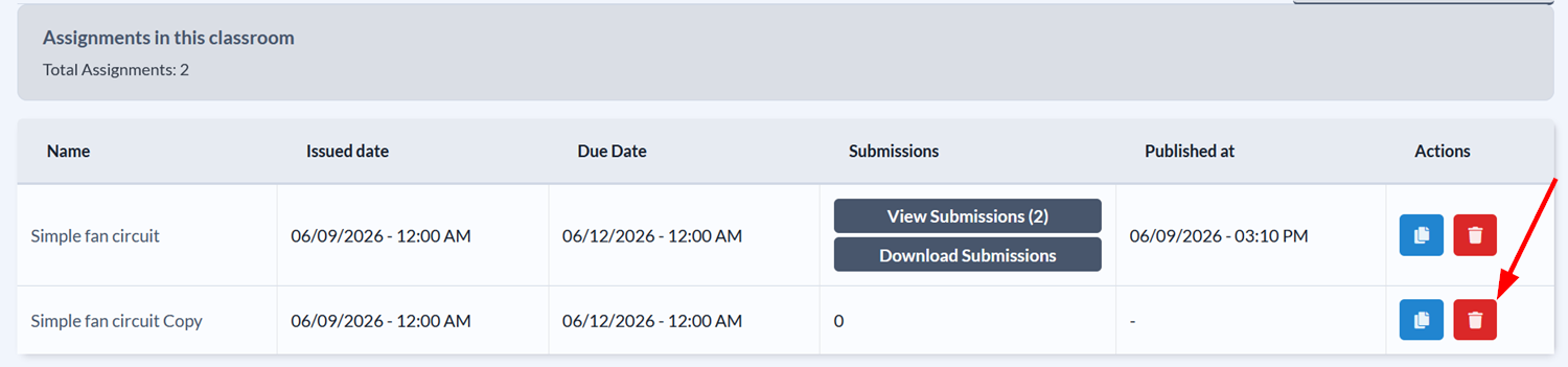Click the delete assignment button
