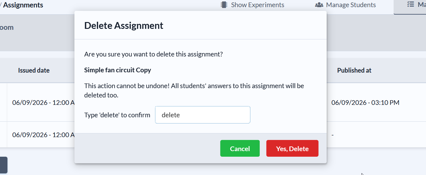 Confirm assignment deletion