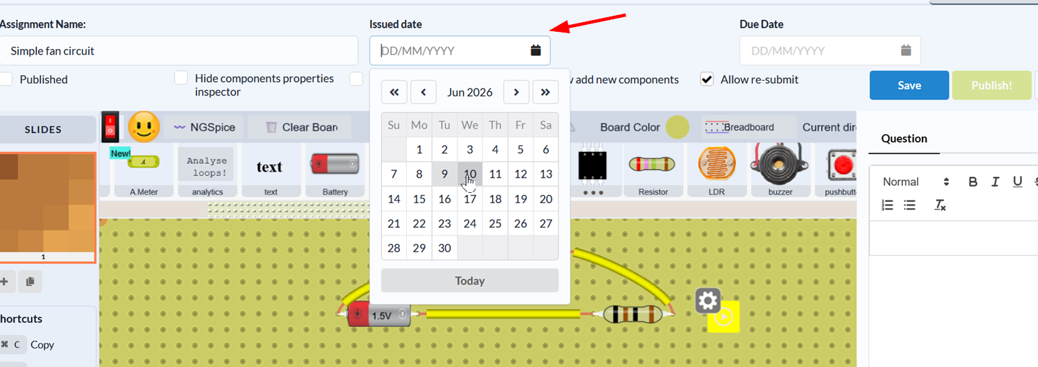 Set the assignment's issued date