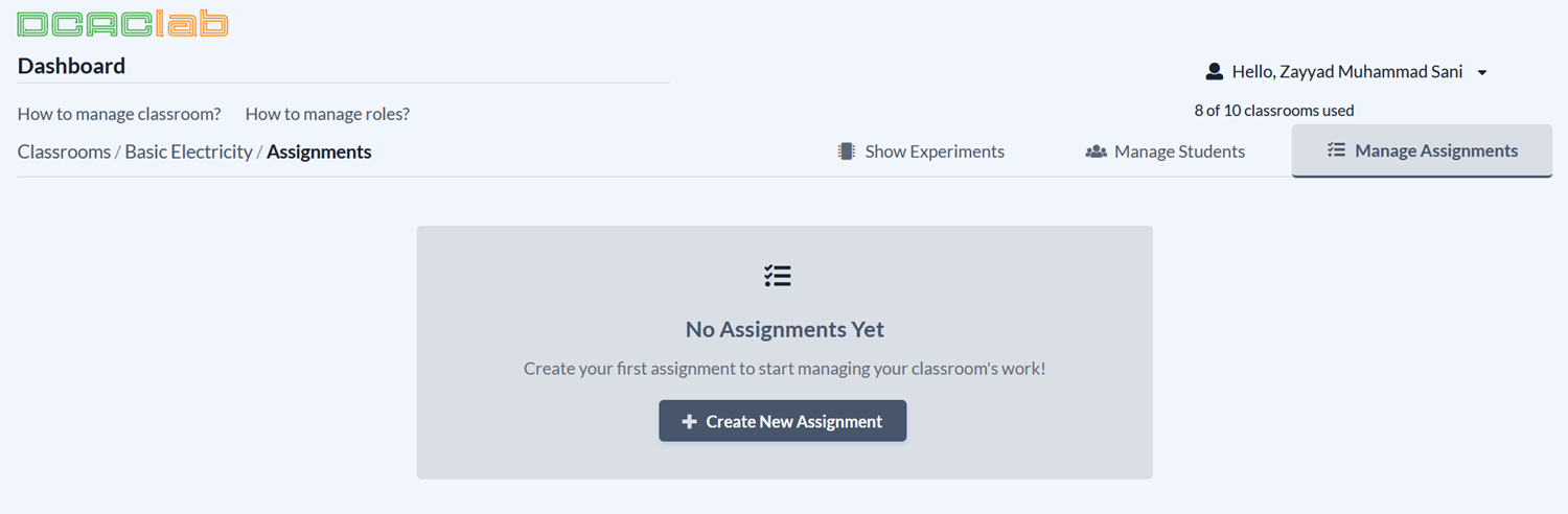 Manage assignments tab in the classroom view