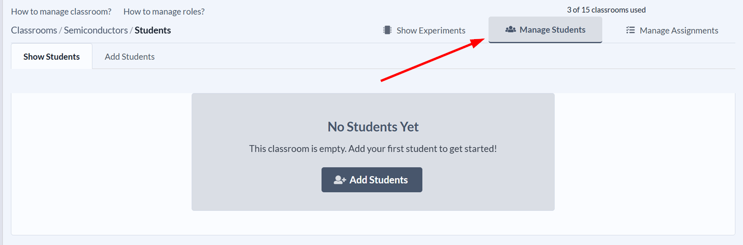Manage students tab in the classroom view