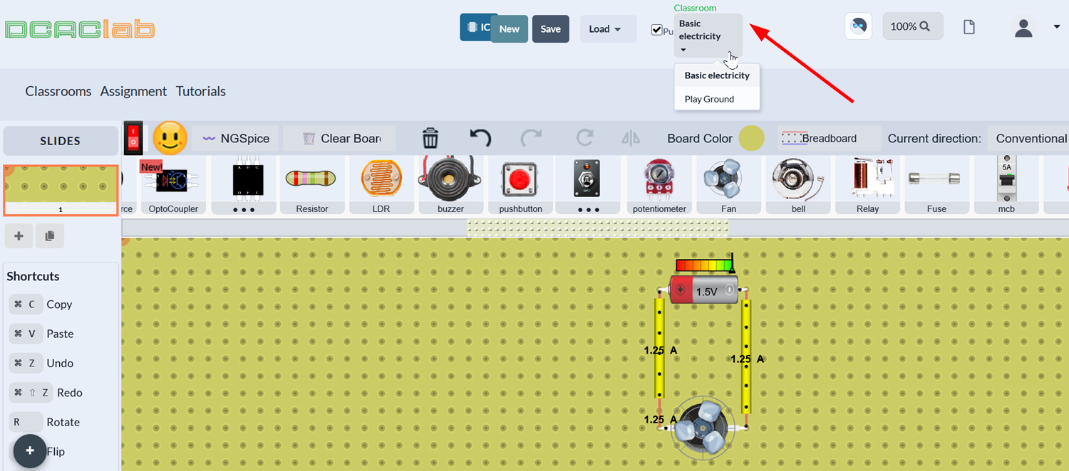 Selecting a classroom to save the experiment to