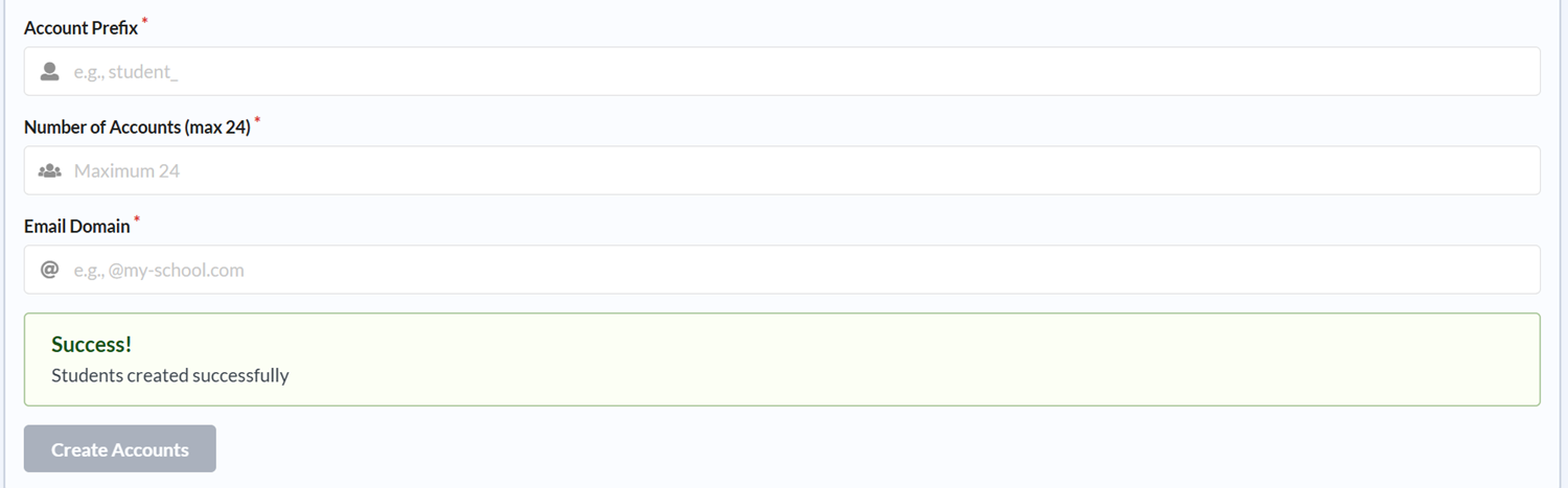 Successful student account creation message